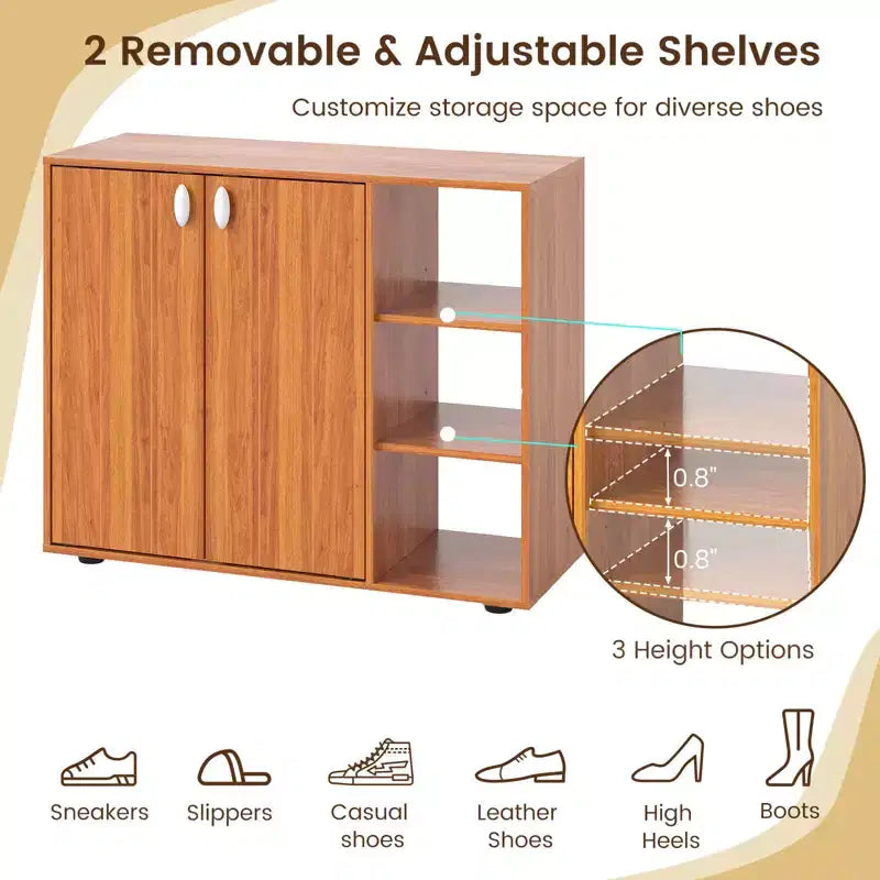 Meuble de rangement à chaussures en bois à 3 niveaux avec portes et étagères ouvertes réglables sur 3 niveaux, coloris naturel/blanc/noyer clair/noir/jaune