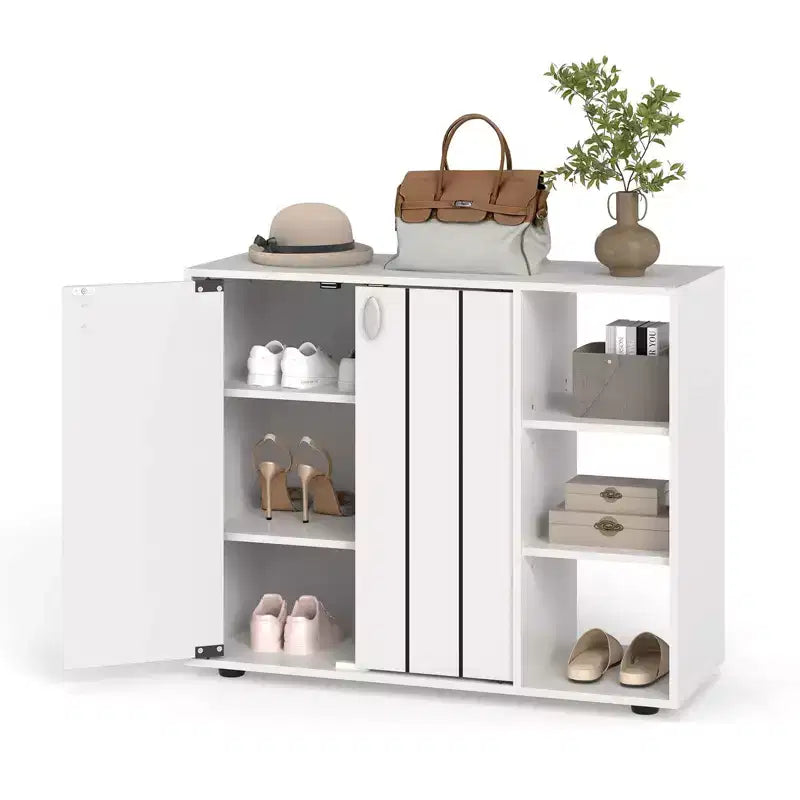 Meuble de rangement à chaussures en bois à 3 niveaux avec portes et étagères ouvertes réglables sur 3 niveaux, coloris naturel/blanc/noyer clair/noir/jaune