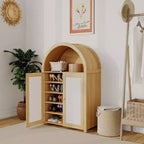 5 Tier Arched Shoe Storage Cabinet with Rattan Doors and Adjustable Shelves for Entryway, Hallway, Living Room, Natural Wood