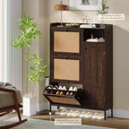 Meuble à chaussures 3 niveaux en rotin avec tiroirs basculants et étagères réglables, grille supérieure, organisateur de rangement de chaussures étroit pour entrée, couloir ou chambre