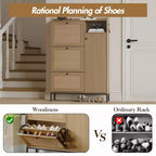 Meuble à chaussures 3 niveaux en rotin avec tiroirs basculants et étagères réglables, grille supérieure, organisateur de rangement de chaussures étroit pour entrée, couloir ou chambre