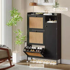 Meuble à chaussures 3 niveaux en rotin avec tiroirs basculants et étagères réglables, grille supérieure, organisateur de rangement de chaussures étroit pour entrée, couloir ou chambre