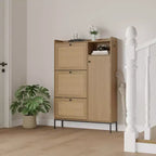 Meuble à chaussures 3 niveaux en rotin avec tiroirs basculants et étagères réglables, grille supérieure, organisateur de rangement de chaussures étroit pour entrée, couloir ou chambre