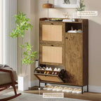 Meuble à chaussures 3 niveaux en rotin avec tiroirs basculants et étagères réglables, grille supérieure, organisateur de rangement de chaussures étroit pour entrée, couloir ou chambre