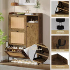 Meuble à chaussures 3 niveaux en rotin avec tiroirs basculants et étagères réglables, grille supérieure, organisateur de rangement de chaussures étroit pour entrée, couloir ou chambre