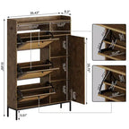 Meuble à chaussures 3 niveaux en rotin avec tiroirs basculants et étagères réglables, grille supérieure, organisateur de rangement de chaussures étroit pour entrée, couloir ou chambre