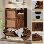 Meuble à chaussures 3 niveaux en rotin avec tiroirs basculants et étagères réglables, grille supérieure, organisateur de rangement de chaussures étroit pour entrée, couloir ou chambre