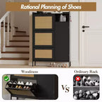Meuble à chaussures 3 niveaux en rotin avec tiroirs basculants et étagères réglables, grille supérieure, organisateur de rangement de chaussures étroit pour entrée, couloir ou chambre