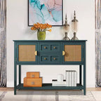 Console d'appoint en rotin avec 2 tiroirs, table de canapé étroite en bois avec rangement, table d'entrée à 2 niveaux pour salon, couloir, hall d'entrée