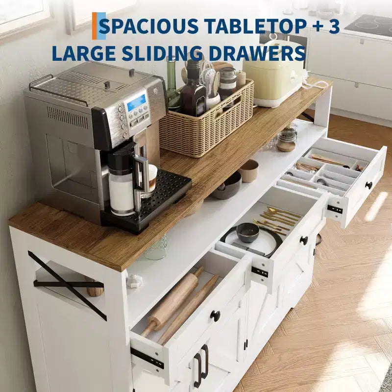 Buffet de ferme avec station de recharge, 3 tiroirs et 4 portes coulissantes, buffet de bar à café en bois de 51 pouces, meuble de rangement de cuisine