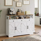 Buffet de ferme avec station de recharge, 3 tiroirs et 4 portes coulissantes, buffet de bar à café en bois de 51 pouces, meuble de rangement de cuisine
