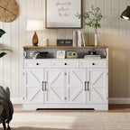 Buffet de ferme avec station de recharge, 3 tiroirs et 4 portes coulissantes, buffet de bar à café en bois de 51 pouces, meuble de rangement de cuisine