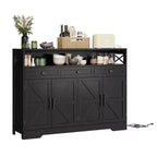 TROPOW Farmhouse Buffet Sideboard Cabinet with Charging Station, 3 Drawers & 4 Barn Doors, 51 Wood Coffee Bar Cupboard Kitchen Storage Pantry Cabinet