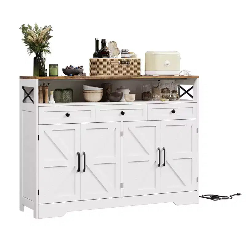 Buffet de ferme avec station de recharge, 3 tiroirs et 4 portes coulissantes, buffet de bar à café en bois de 51 pouces, meuble de rangement de cuisine