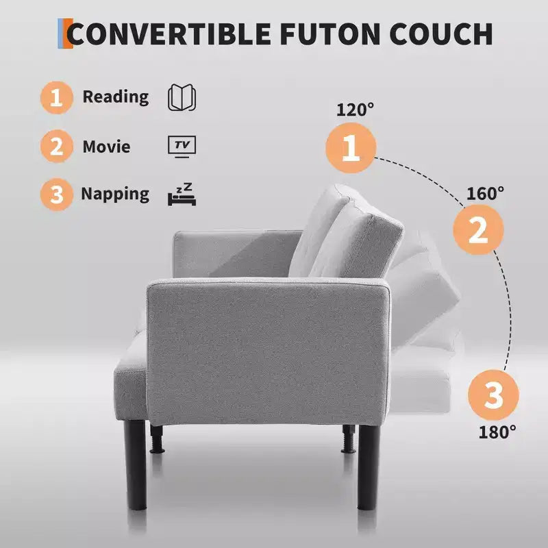 Canapé futon moderne convertible de 75 pouces, canapé futon en bois massif rembourré, causeuse réglable en tissu pour salon