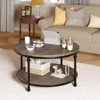 Round 2-Tier Coffee Table with Storage, Farmhouse Wood Center Table for Living Room, Metal Frame, Easy Assembly