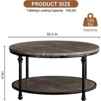 Table basse ronde à 2 niveaux avec rangement, Table de salon de style rustique en bois, Structure en métal, Montage facile