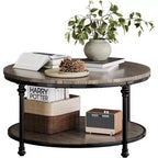 Table basse ronde à 2 niveaux avec rangement, Table de salon de style rustique en bois, Structure en métal, Montage facile