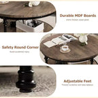 Table basse ronde à 2 niveaux avec rangement, Table de salon de style rustique en bois, Structure en métal, Montage facile