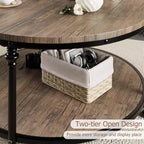 Table basse ronde à 2 niveaux avec rangement, Table de salon de style rustique en bois, Structure en métal, Montage facile