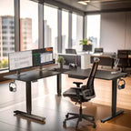 Bureau d'angle debout réglable en hauteur XL électrique, cadre noir et plateau noir