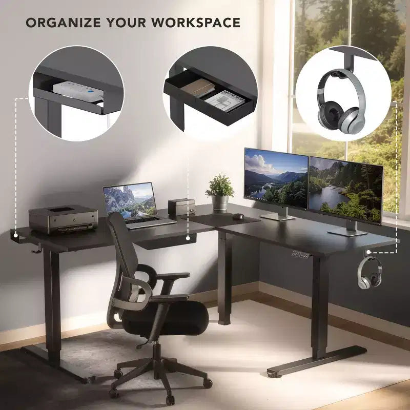 Bureau d'angle debout réglable en hauteur XL électrique, cadre noir et plateau noir