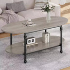 Oval 2-Tier Coffee Table with Storage, 47.2 Mid Century Grey Center Table, Modern Wood & Metal Cocktail Table for Living Room or Office