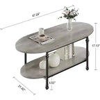 Table basse ovale à 2 niveaux avec rangement, table centrale grise de style Mid-century de 120 cm, table basse moderne en bois et métal pour salon ou bureau
