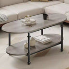 Table basse ovale à 2 niveaux avec rangement, table centrale grise de style Mid-century de 120 cm, table basse moderne en bois et métal pour salon ou bureau