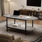 Table basse ovale à 2 niveaux avec rangement, table centrale grise de style Mid-century de 120 cm, table basse moderne en bois et métal pour salon ou bureau