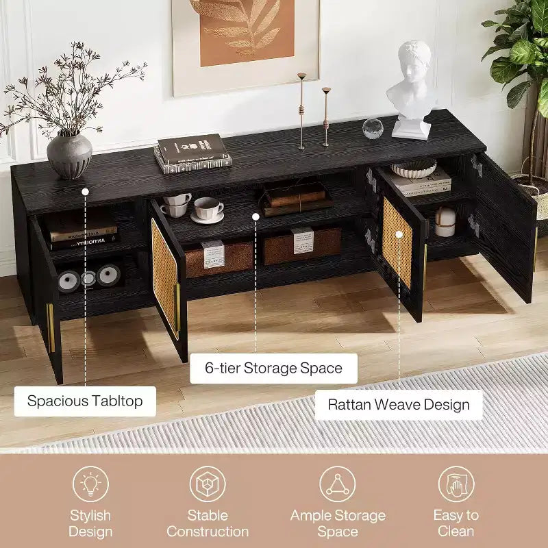 Meuble TV 70,9 pouces, meuble de divertissement en bois avec étagère de rangement à 6 niveaux, meuble console pour téléviseurs jusqu'à 80 pouces