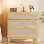 Commode 3 tiroirs en rotin – Armoire de rangement moderne en bois avec kit anti-basculement pour chambre à coucher, placard, salon