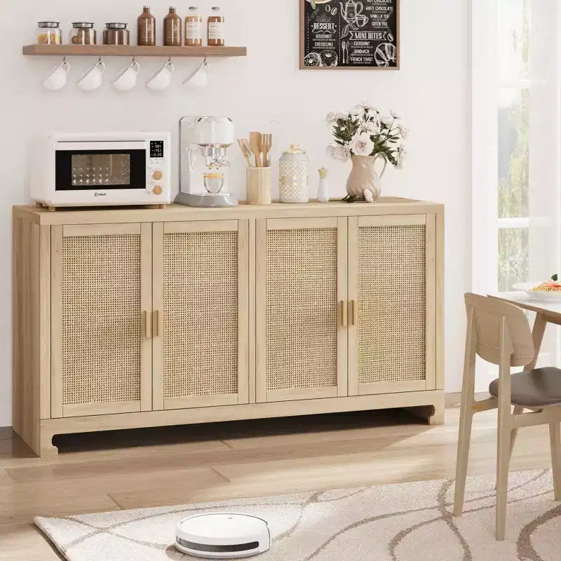 Meuble de Rangement d'Appoint en Rotin avec 4 Portes et Étagère, Buffet Console Moderne pour Salle à Manger, Cuisine, Salon et Entrée