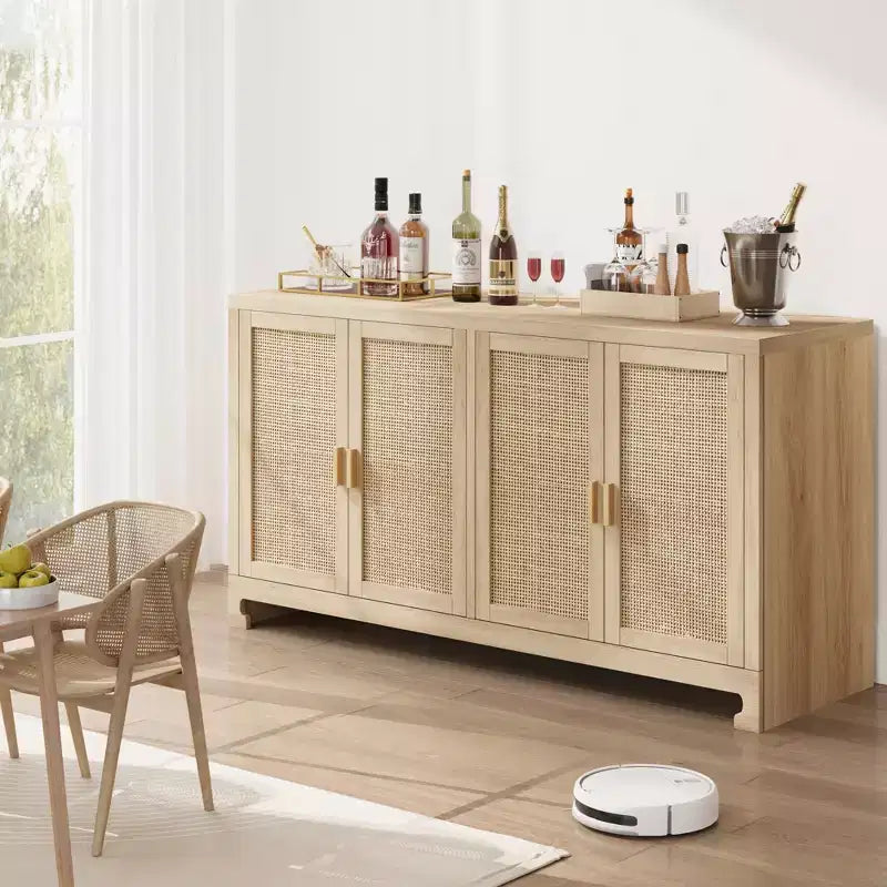 Meuble de Rangement d'Appoint en Rotin avec 4 Portes et Étagère, Buffet Console Moderne pour Salle à Manger, Cuisine, Salon et Entrée