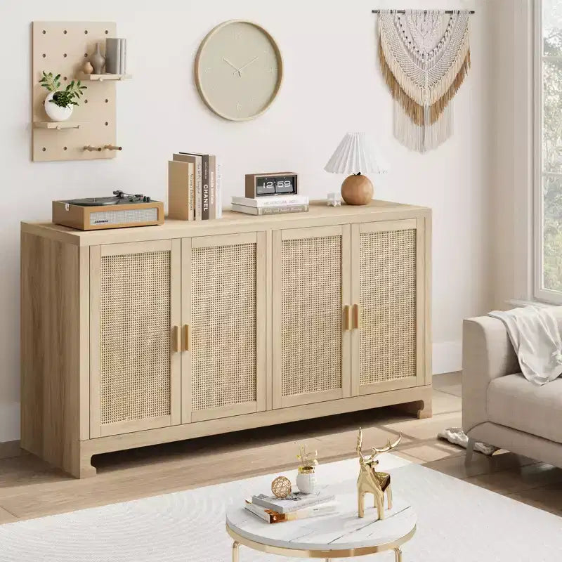Meuble de Rangement d'Appoint en Rotin avec 4 Portes et Étagère, Buffet Console Moderne pour Salle à Manger, Cuisine, Salon et Entrée