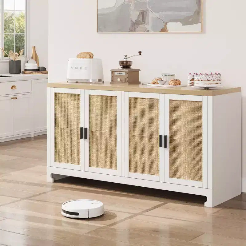 Meuble de Rangement d'Appoint en Rotin avec 4 Portes et Étagère, Buffet Console Moderne pour Salle à Manger, Cuisine, Salon et Entrée