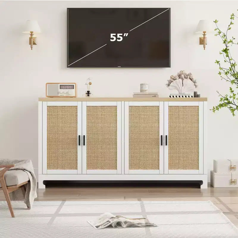 Meuble de Rangement d'Appoint en Rotin avec 4 Portes et Étagère, Buffet Console Moderne pour Salle à Manger, Cuisine, Salon et Entrée