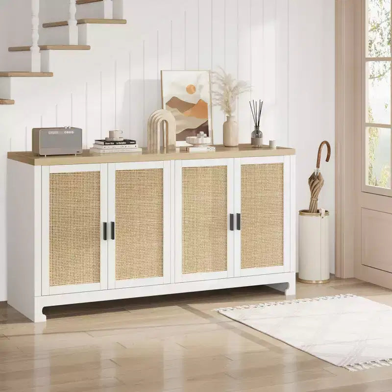 Meuble de Rangement d'Appoint en Rotin avec 4 Portes et Étagère, Buffet Console Moderne pour Salle à Manger, Cuisine, Salon et Entrée