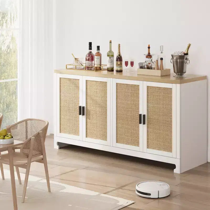Meuble de Rangement d'Appoint en Rotin avec 4 Portes et Étagère, Buffet Console Moderne pour Salle à Manger, Cuisine, Salon et Entrée