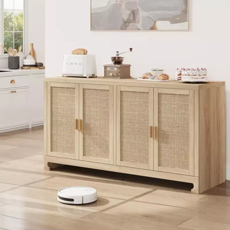 Meuble de Rangement d'Appoint en Rotin avec 4 Portes et Étagère, Buffet Console Moderne pour Salle à Manger, Cuisine, Salon et Entrée