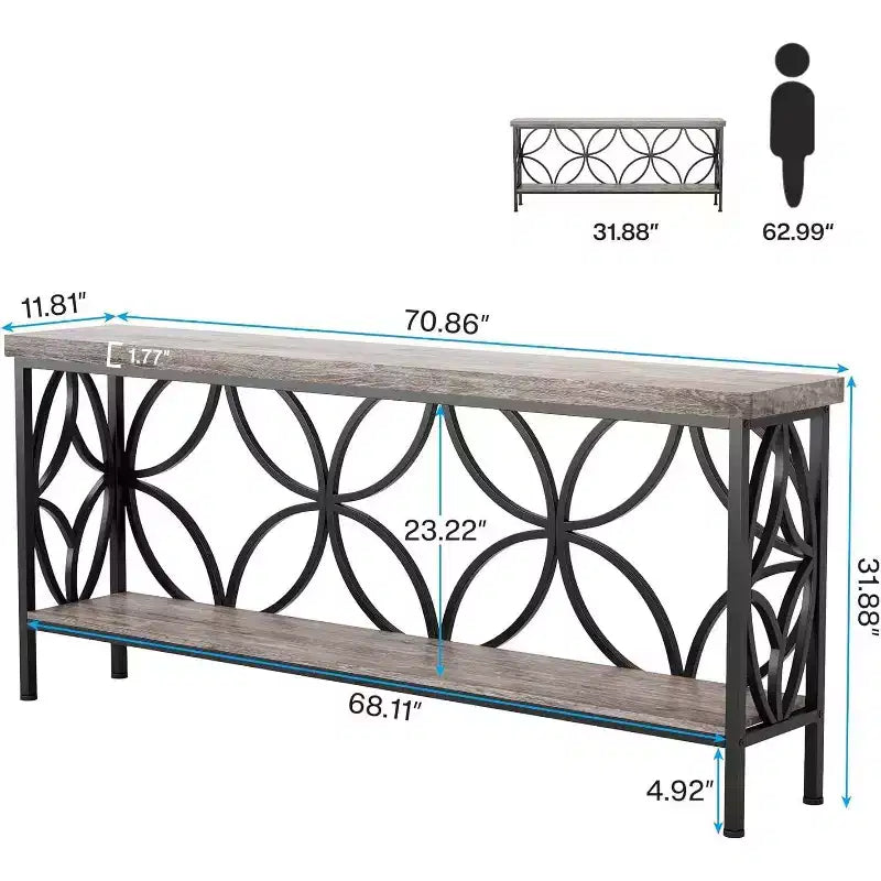 Console en métal industriel extra longue avec base de rangement, table d'entrée étroite et moderne, table de canapé derrière le canapé pour couloir, salon