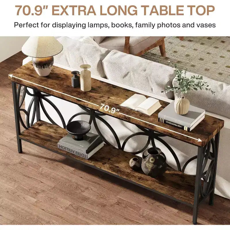 Console en métal industriel extra longue avec base de rangement, table d'entrée étroite et moderne, table de canapé derrière le canapé pour couloir, salon