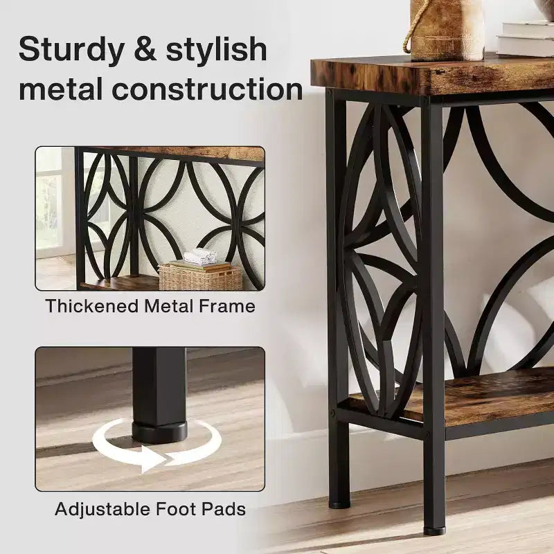 Console en métal industriel extra longue avec base de rangement, table d'entrée étroite et moderne, table de canapé derrière le canapé pour couloir, salon
