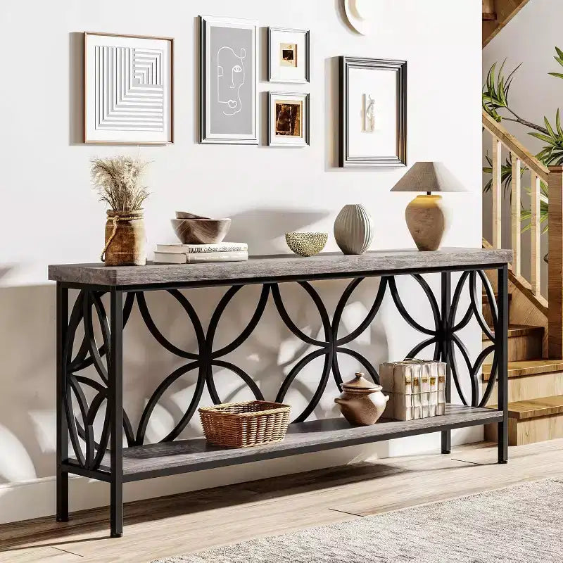 Console en métal industriel extra longue avec base de rangement, table d'entrée étroite et moderne, table de canapé derrière le canapé pour couloir, salon