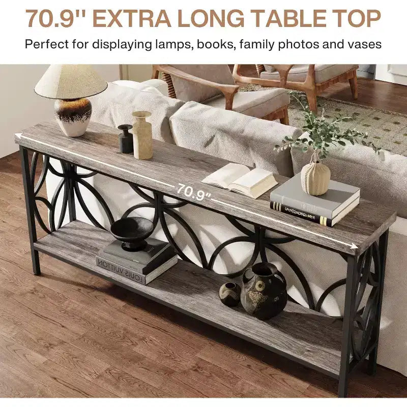 Console en métal industriel extra longue avec base de rangement, table d'entrée étroite et moderne, table de canapé derrière le canapé pour couloir, salon