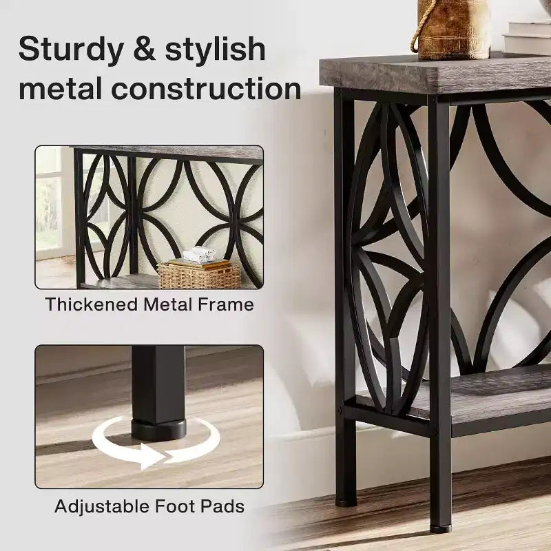 Console en métal industriel extra longue avec base de rangement, table d'entrée étroite et moderne, table de canapé derrière le canapé pour couloir, salon