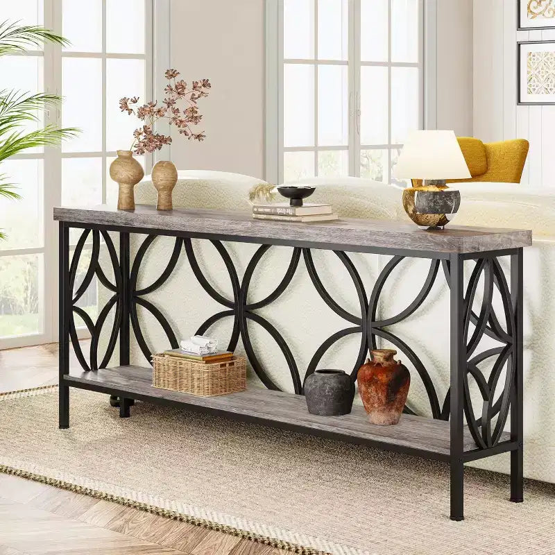 Console en métal industriel extra longue avec base de rangement, table d'entrée étroite et moderne, table de canapé derrière le canapé pour couloir, salon