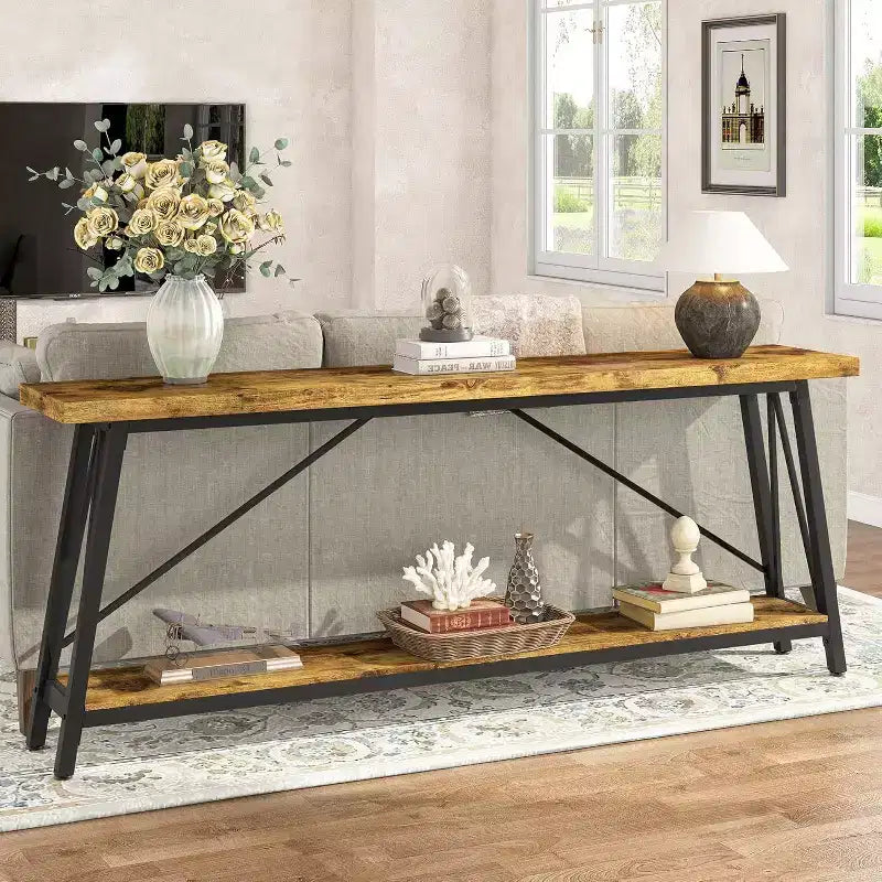 Console en métal industriel extra longue avec base de rangement, table d'entrée étroite et moderne, table de canapé derrière le canapé pour couloir, salon