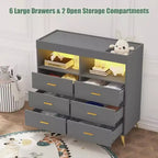 Commode de chambre d'enfant multifonctionnelle à 6 tiroirs, table à langer moderne avec lumières et station de charge, table à langer convertible pour chambre à coucher