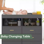 Commode de chambre d'enfant multifonctionnelle à 6 tiroirs, table à langer moderne avec lumières et station de charge, table à langer convertible pour chambre à coucher